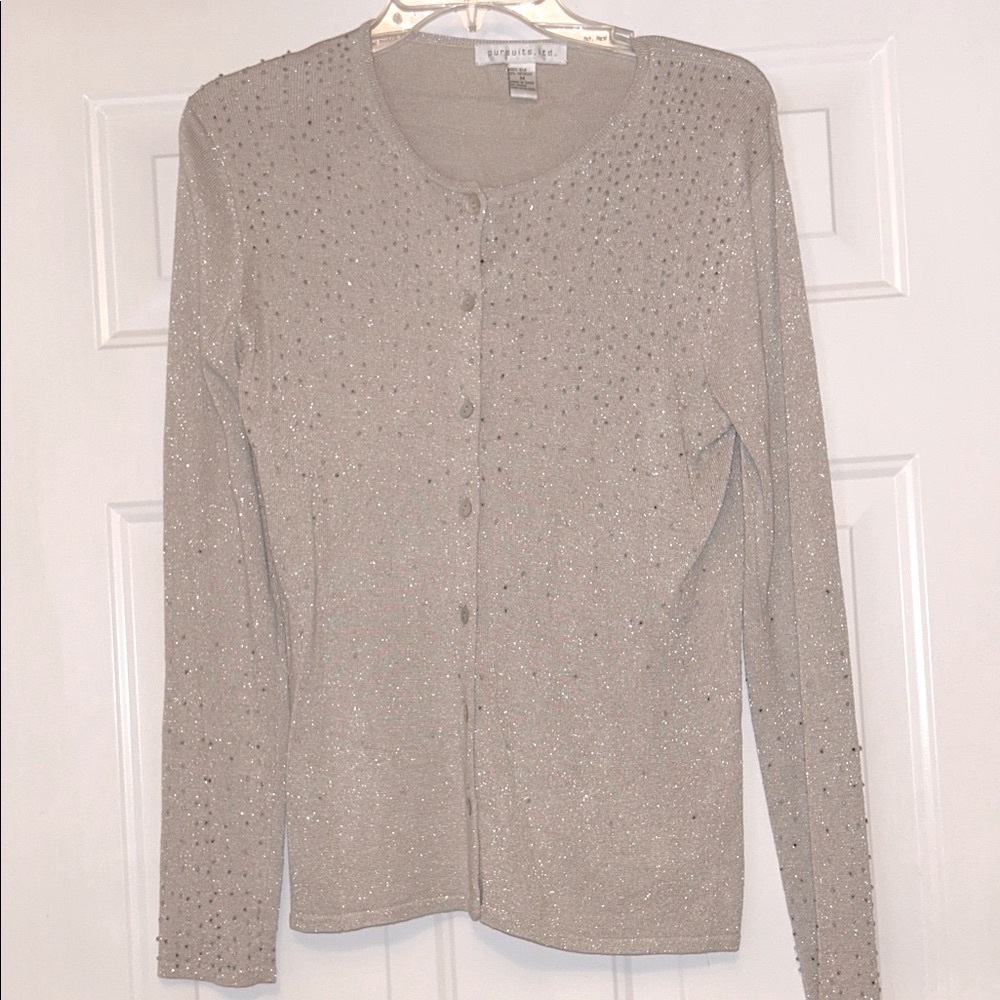 Pursuits Ltd Silk Women's Sparkling Cardigan Sweater M Taupe Vintage Office Glam